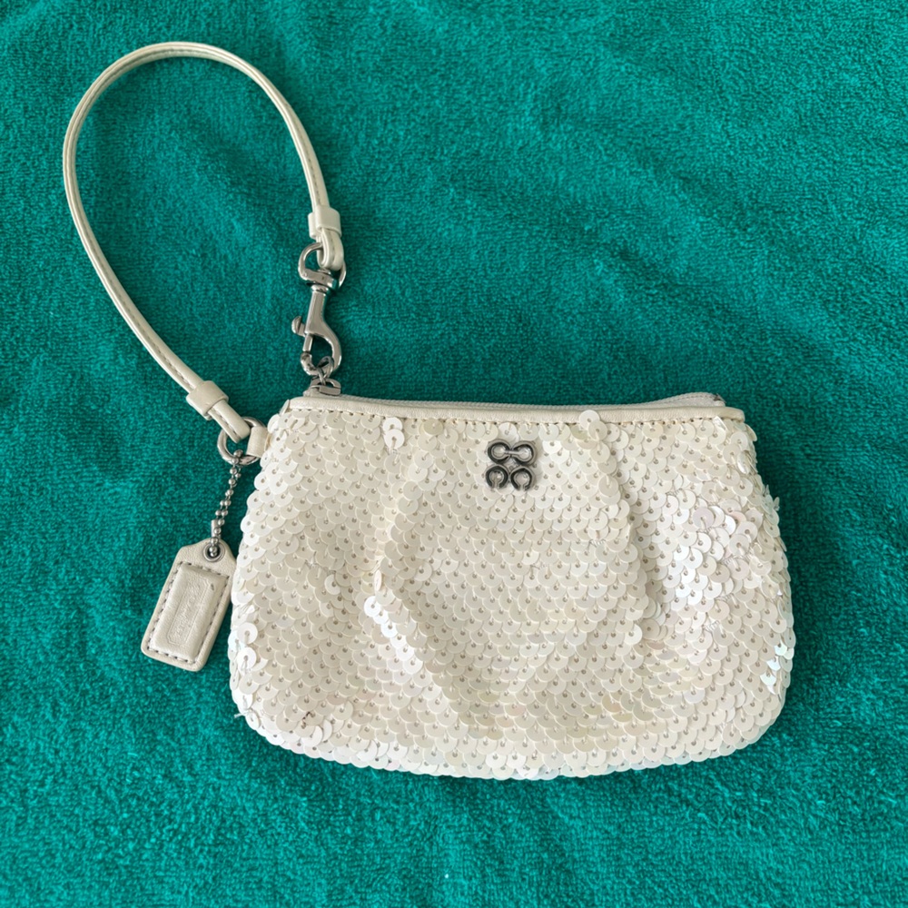Coach white sequin wristlet purse